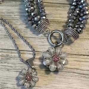 Elegant Silver and Pink Floral Necklace Set